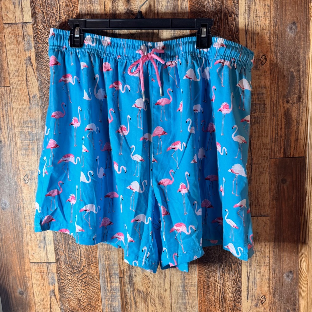 Men's XXL Flamingo Print Swim Trunks Shorts Elastic Waist Drawstring Casual